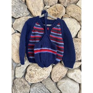 Hand Knit NEW Blue Striped 2-3t Baby Boy Cardigan sweater Button Up closure, Hat